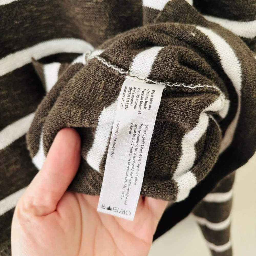 Eileen Fisher Dark Green‎ White Striped Knit Light Sweater Top Sz XL Linen Blend